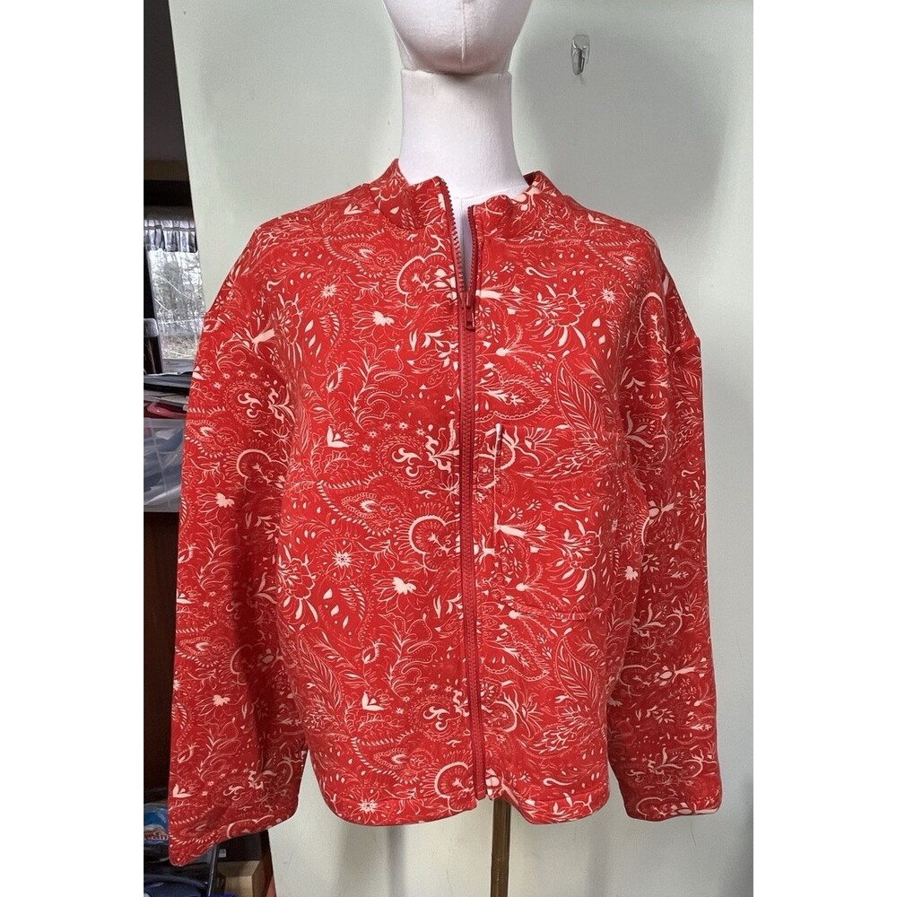 THE KIT. Womens Sz XL Full Zip Red Floral Scuba Knit Jacket Bohemian Cottagecore